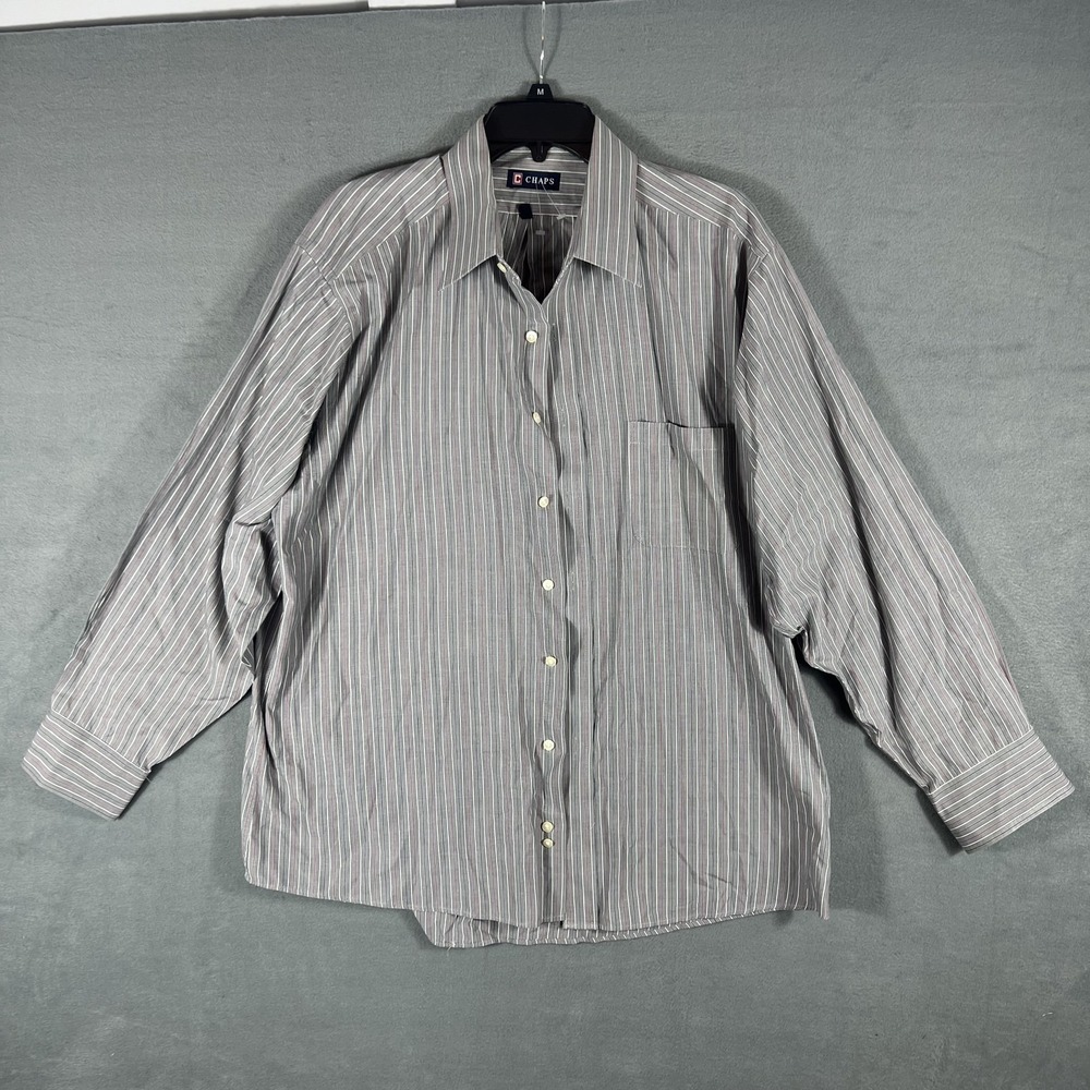 Chaps Men's XL X-Large Grey White Red Striped Long Sleeve Dress Shirt 17-17.5